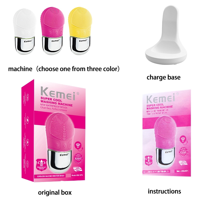 Kemei Electric Silicone Facial Cleansing Brush Sonic Vibration Massage Wireless Charging Ultrasonic Face Cleaner Beauty Tool