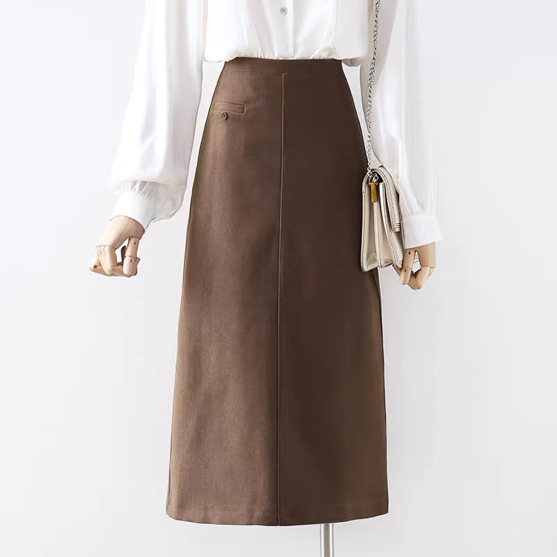 Chân Váy Công Sở Nữ Dáng Dài Có Túi Moi Trẻ Trung , chữ a có 1 túi moi 1 cúc ốp d68cm