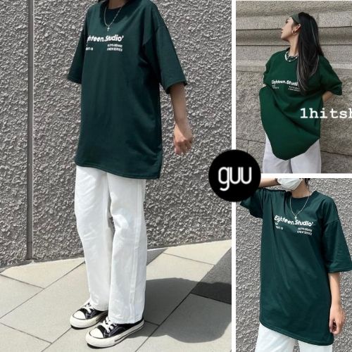 Set áo thun GUU in chữ EIGH tay lỡ phom rộng màu xanh rêu kèm quần kaki trắng ống rộng dáng suông style Hàn Quốc