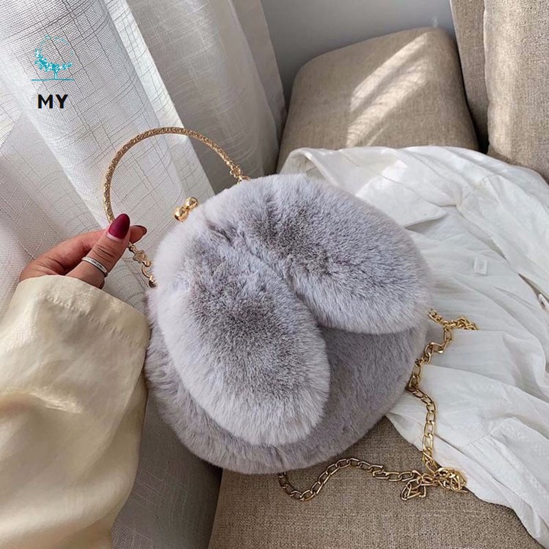 Túi Đeo Chéo Dây Xích Kim Loại Vải Lông Hình Tai Thỏ Thời Trang Cho Phụ Nữ