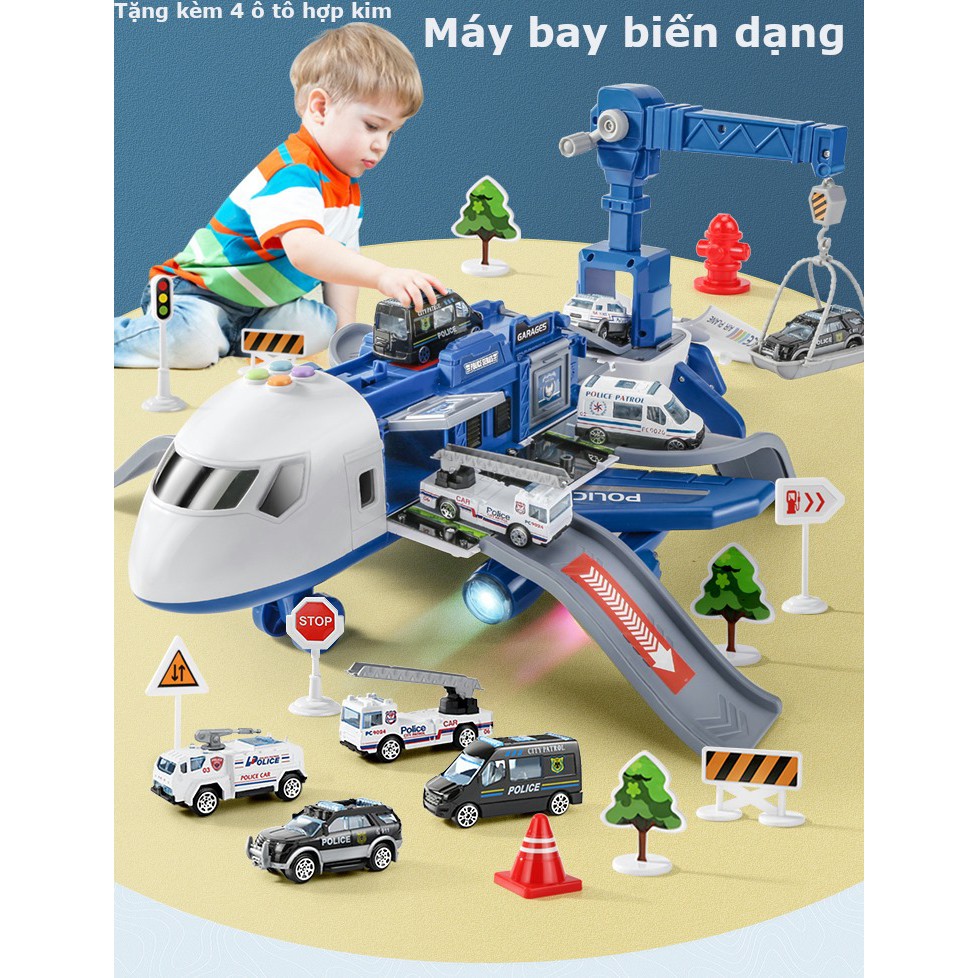 Bộ đồ chơi máy bay biến dạng chạy đà, tặng kèm 3 oto 1 máy bay mini kèm 3 pin