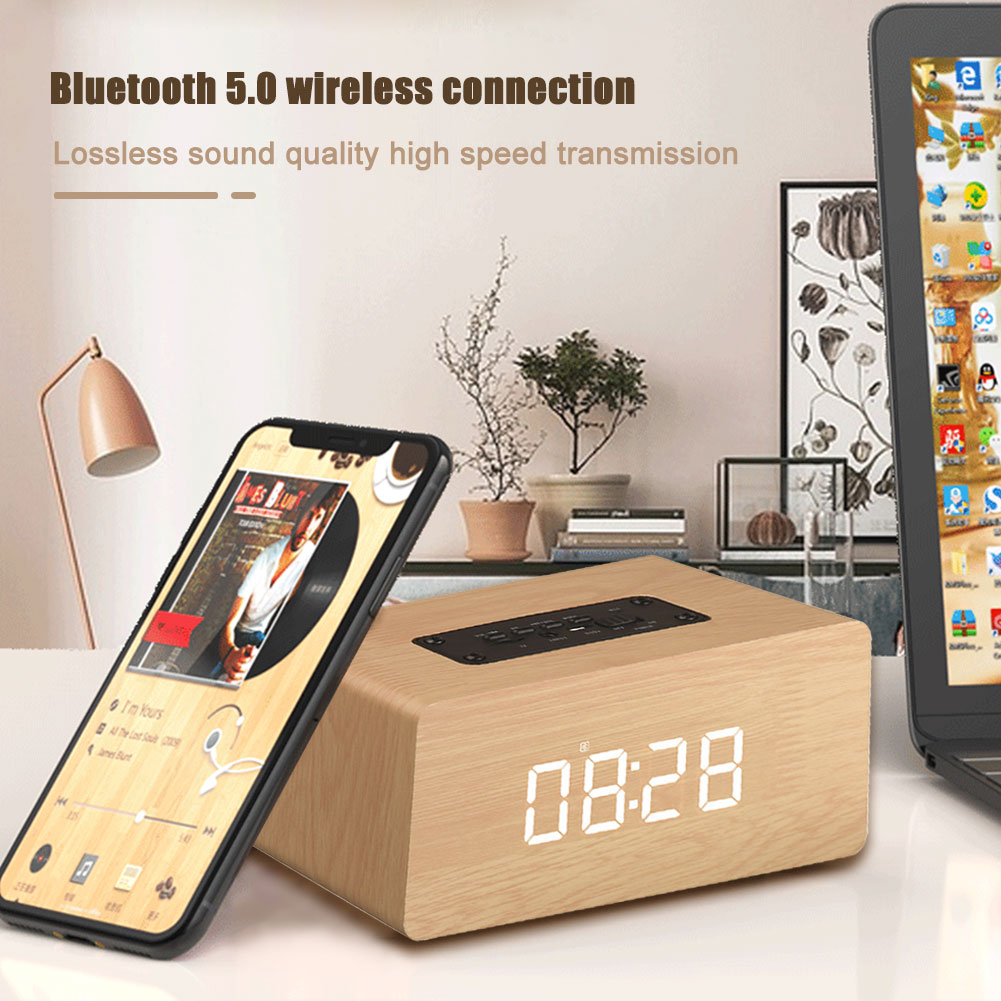 Phiên bản đồng hồ W5 Loa kép Bluetooth Thẻ gỗ đa chức năng với màn hình âm thanh đồng hồ báo thức