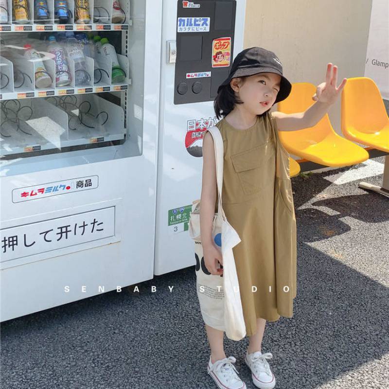 Đầm Kaki Dài Không Tay Có Túi Lớn Phong Cách Đường Phố Nhật Bản Thời Trang Mùa Hè Dành Cho Bé Gái