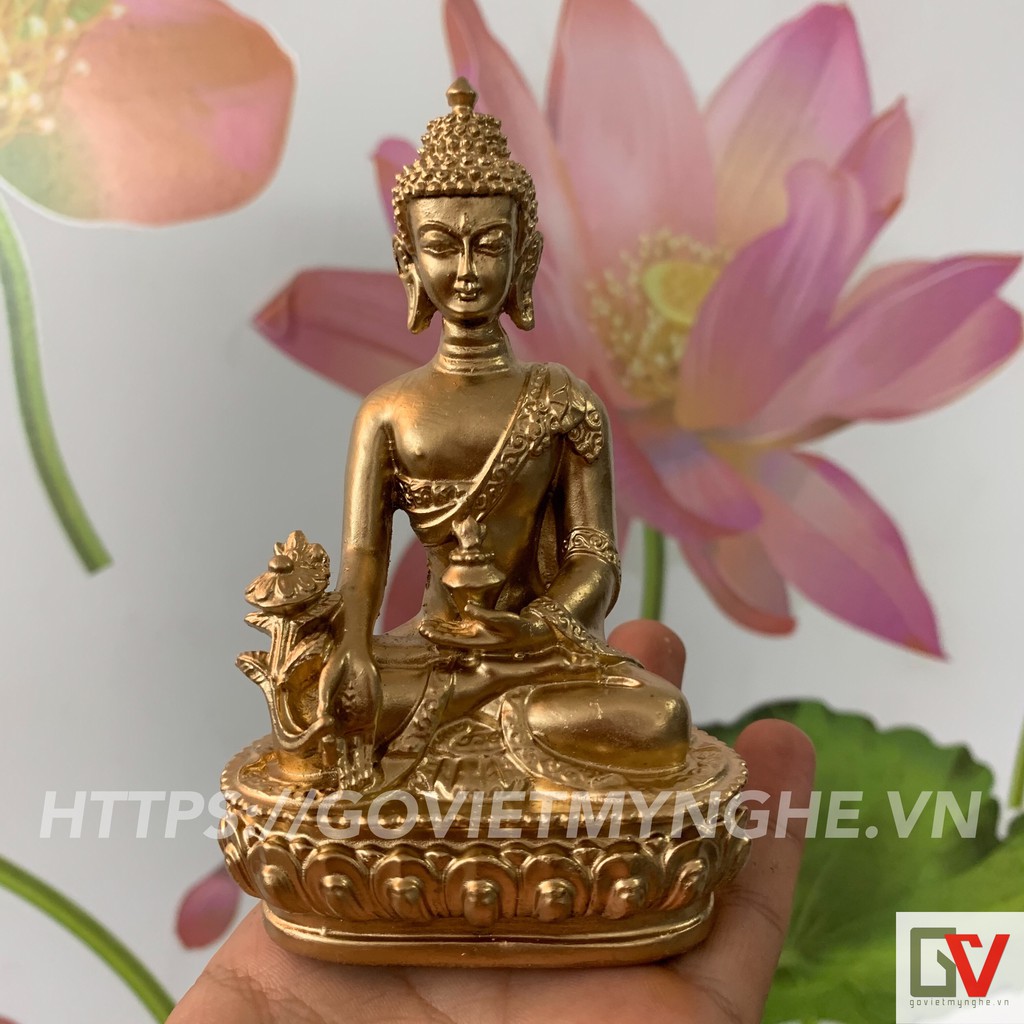 [Tượng phật Dược Sư] Tượng đá Phật Dược Sư Lưu Ly Quang ngồi tòa sen - Cao 12cm - Màu nhũ đồng