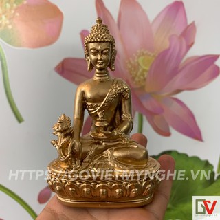 [Phật Dược Sư] Tượng đá Phật Dược Sư Lưu Ly Quang ngồi tòa sen - Cao 12cm - Màu nhũ đồng