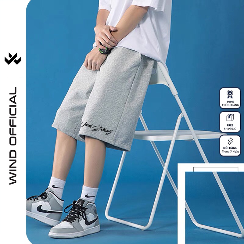 Quần short thun nam nữ WIND unisex ống rộng SIGNATURE đùi lửng ngố thời trang mặc nhà