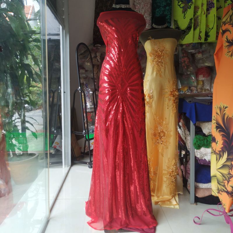 2 mét Vải Ren Kim Sa Đỏ lấp lánh mẫu 1