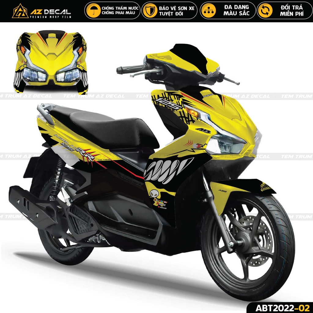 Tem Trùm Airblade Phong Cách Cá Mập | ABT2022-02 | Decal Dán Xe AB 2020 - 2022 Đẹp Màu Xám, Vàng, Đỏ, Xanh