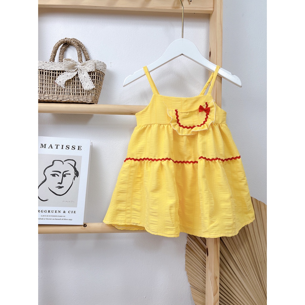 Váy đầm 2 dây đính nơ ngực dáng xoè 3 tầng cho bé gái công chúa 8-20kg