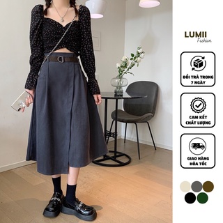Chân váy nhung tăm dài lưng chun vạt lệch kèm đai Vintage - Lumii