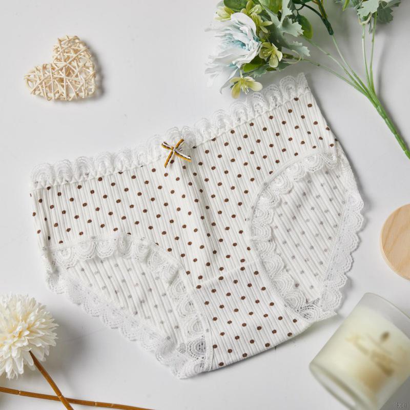 Quần Lót Cotton Lưng Vừa Phối Ren Họa Tiết Chấm Bi Phong Cách Nhật Bản Dễ Thương