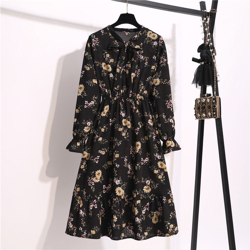 Đầm Hoa Tay Dài Cổ Thắt Nơ Plus Size