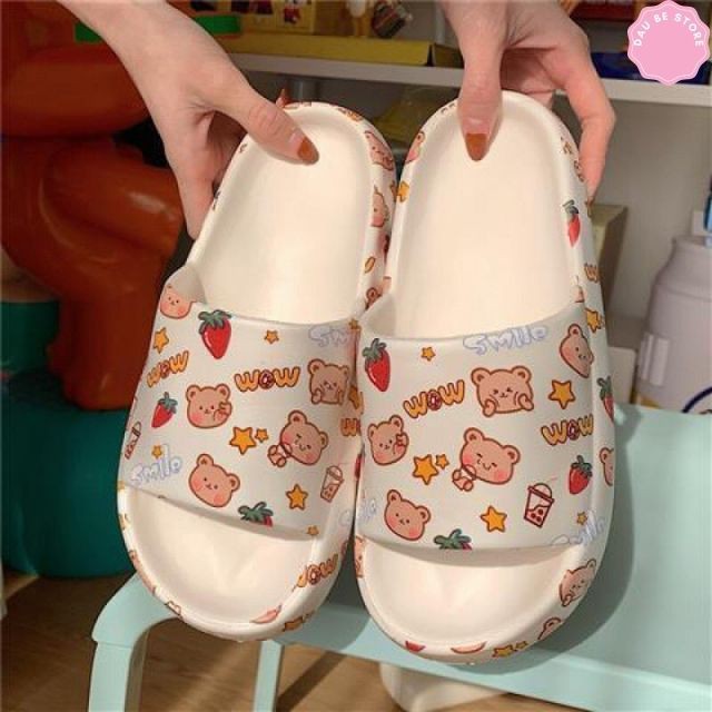 Dép Đế Bánh Mì Ulzzang Hình Gấu Hồng Trắng Siêu Xinh Cho Nữ - Dép Quai Ngang Siêu Êm Chống Trơn Trượt - Daube - D033