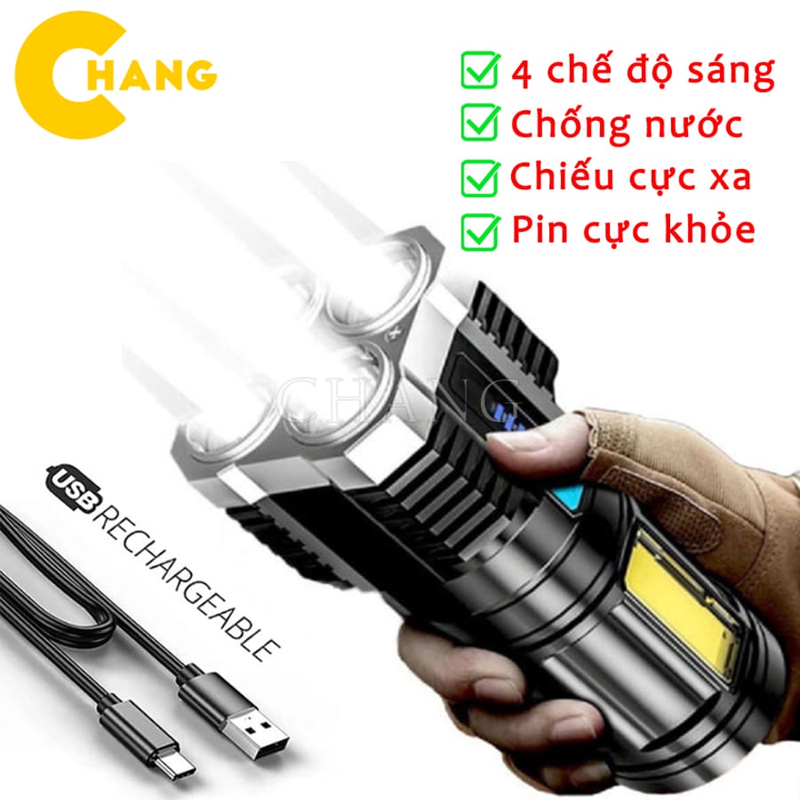 Đèn Pin Cầm Tay Siêu Sáng Chiếu Xa 200M 4 Chế Độ Sáng, Chống Thấm Nước