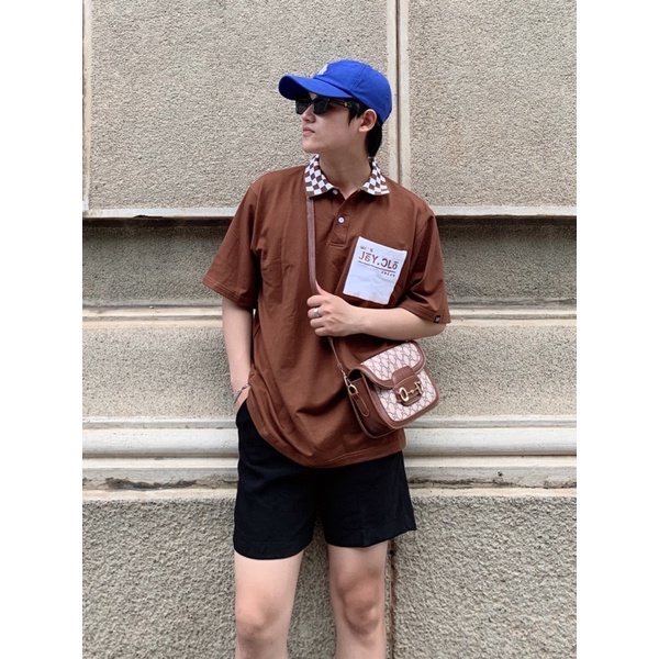 Polo Unisex phối cổ caro JAY SEASON màu NÂU form rộng  Chất thun da cá,form nam nữ unisex JayStoree2
