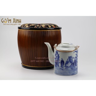 Bao ủ_giỏ ủ ấm kèm ấm tích Bát Tràng 0.75 lít (dòng men lam cổ cao cấp)