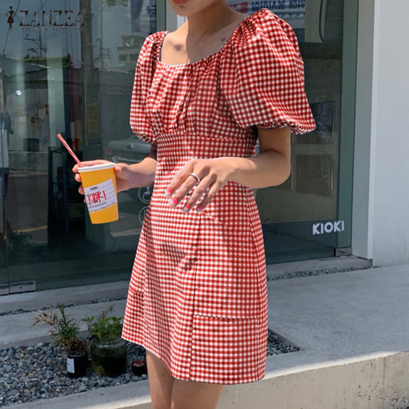 ZANZEA Women Off Shouder Plaid Elastic Cuff Square Collar Casual Mini Dress