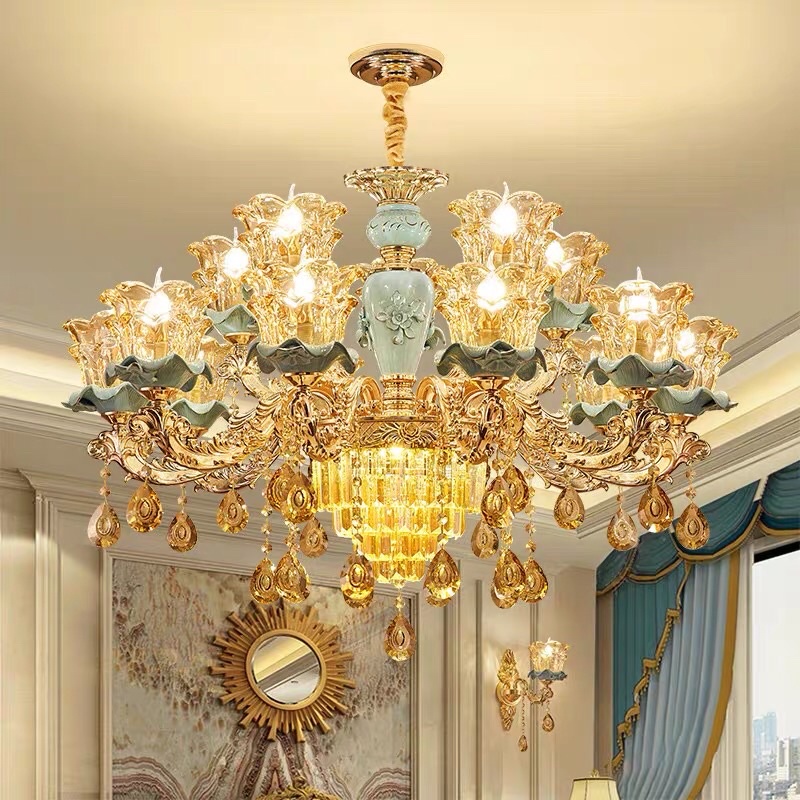 Đèn chùm 15 Tay Xanh Pha Lê Tặng Kèm Bóng led có bảo hành chính hãng