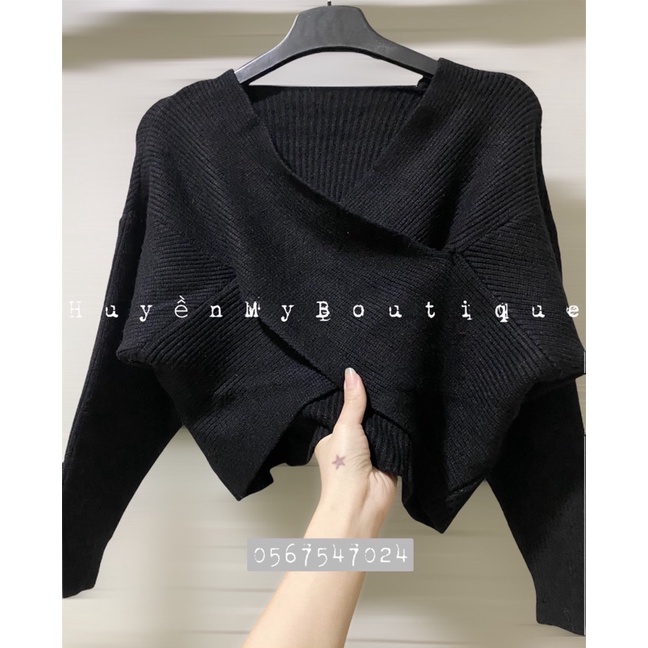 Áo len trễ vai tay dài len lông thỏ cổ tim vạt chéo phong cách Hàn Quốc