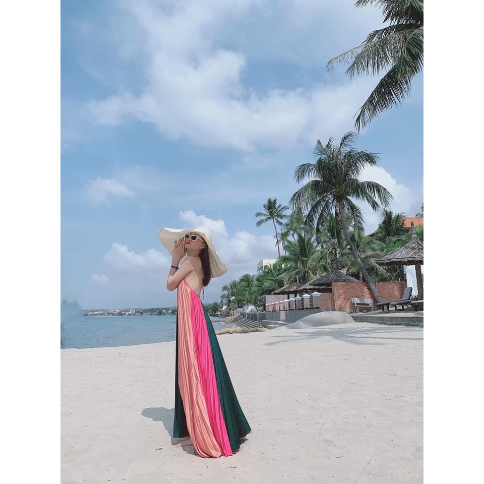 [MAXI] Đầm maxi đi biển dập ly yếm phối màu mới - maxi ngọc lan