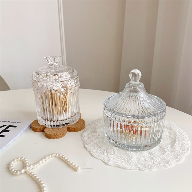 insGió Trong SuốT Hoa Bướm Lọ Thủy Tinh Đồ Trang Sức Tăm Bông Lưu Trữ Phong Cách Châu Âu Phù Điêu Pha Lê Lưu Trữ