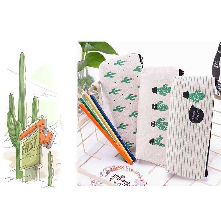 Túi đựng bút vải Canvas có khóa kéo họa tiết xương rồng dễ thương dành cho học sinh, sinh viên