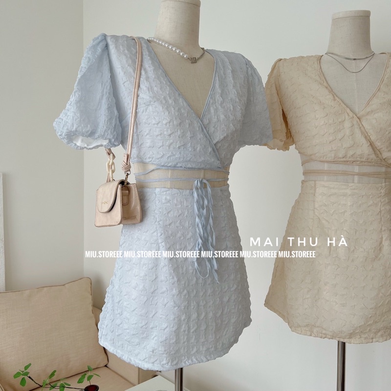 SET XỐP ÁO CROPTOP BUỘC DÂY CHÉO KÈM CHÂN VÁY DÁNG A SACXCV