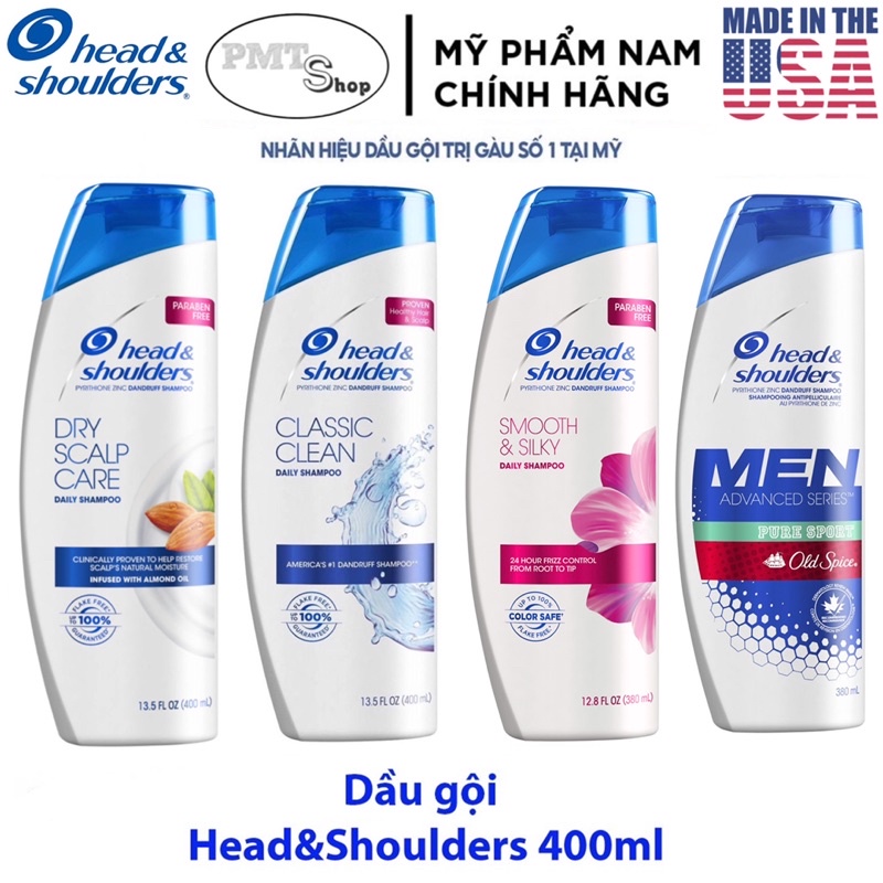 [USA] Dầu gội xả 2in1 Head & Shoulders Classic Dry Scalp Care Smooth & Silky Pure Sport 400ml 380ml sạch gàu - Mỹ