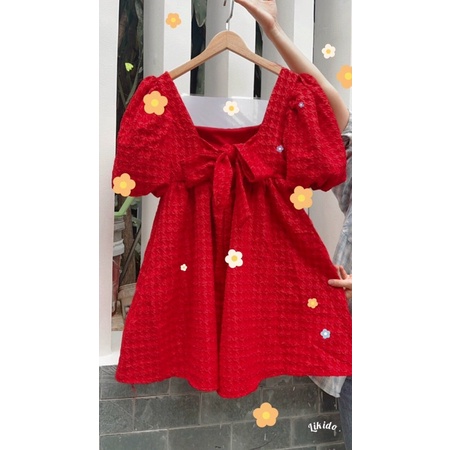 Đầm BABYDOLL vải xốp gấp cao cấp, có sẵn mút ngực, tay phồng cổ vuông xoè rộng Sun Fashion