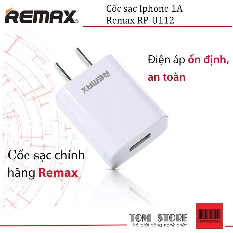 Cốc sạc 1 cổng USB 1A Remax RP-U112 - BH12 Tháng