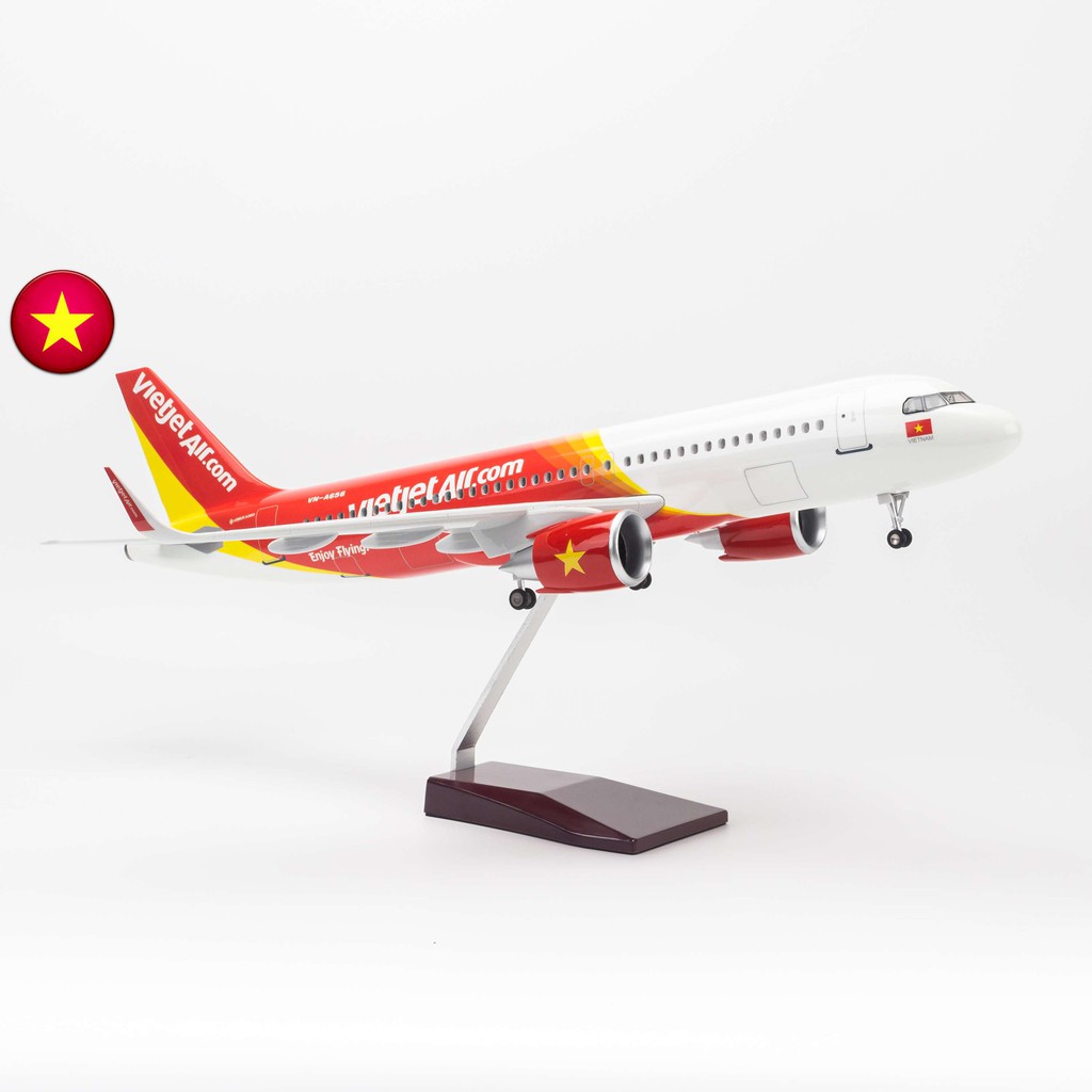 Mô hình máy bay Vietjet Air Airbus A320 47cm lắp ráp có đèn led Everfly