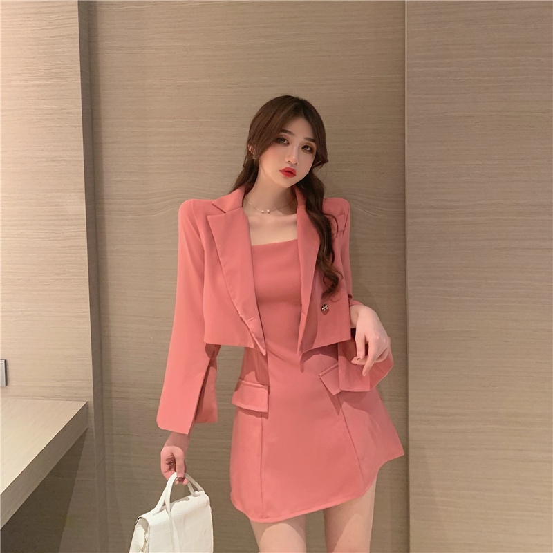 Set áo croptop vest + váy hai dây sang chảnh màu hồng và màu đen HS97 Hỉn Hỉn Store