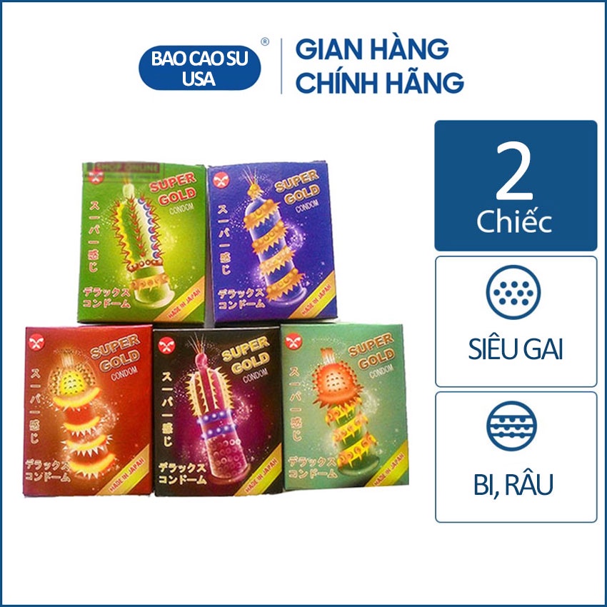 Bao cao su siêu gai bi râu Super Gold - Hàng Nhật [Hộp 2 Cái]