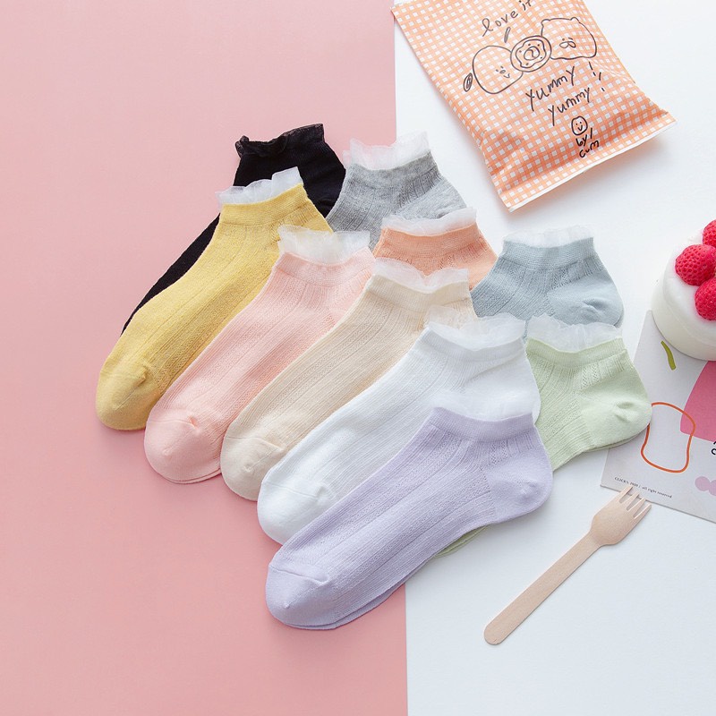 Set 10 Đôi Tất Nữ Trơn Cổ Bèo Lưới Phong Cách Vintage Hàn Quốc Xinh Xắn