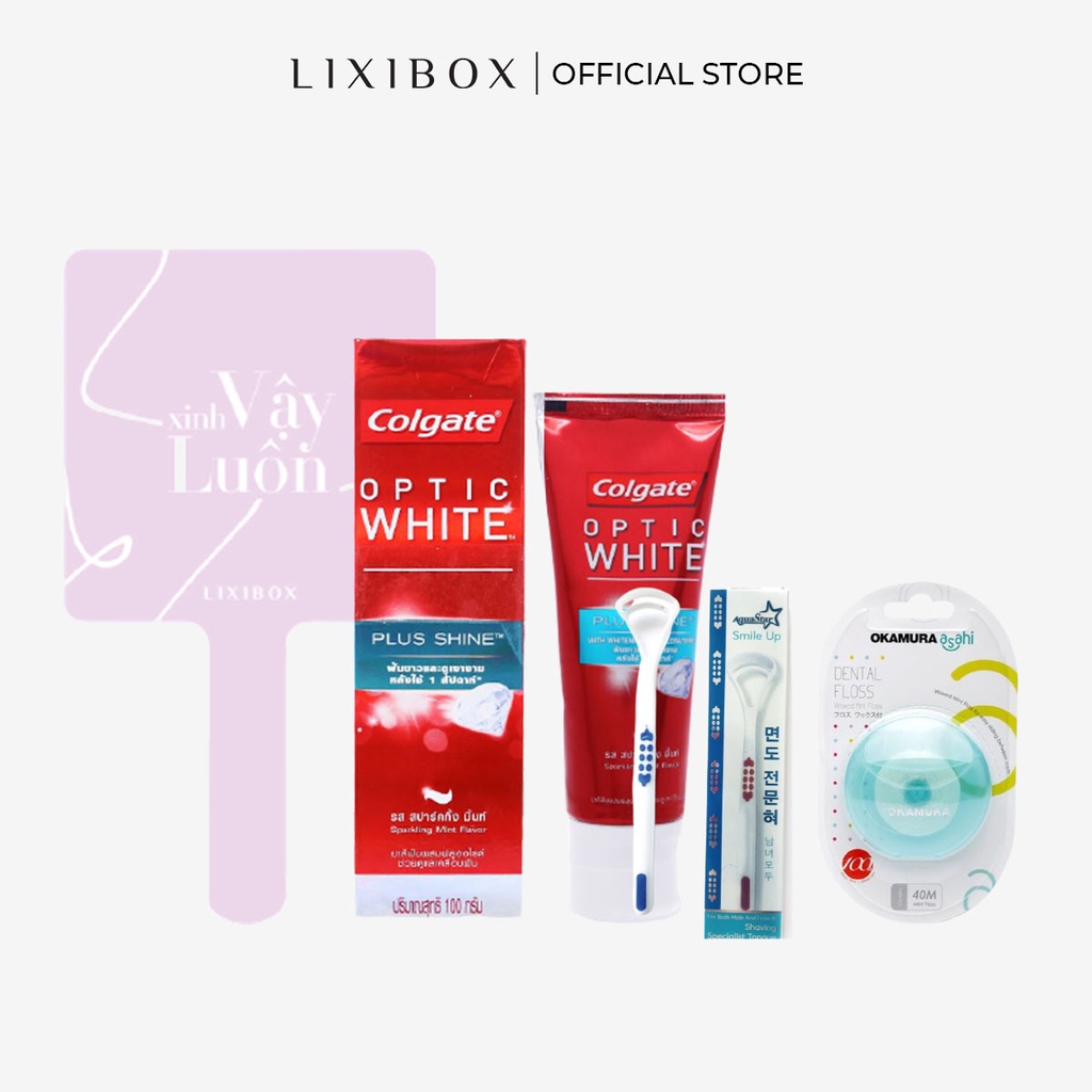 [HB Gift] Combo Gương Lixibox - Purple, Chỉ Nha Khoa OKAMURA, Dụng Cụ Cạo Lưỡi Hofaco,Kem Đánh Răng Colgate Optic White