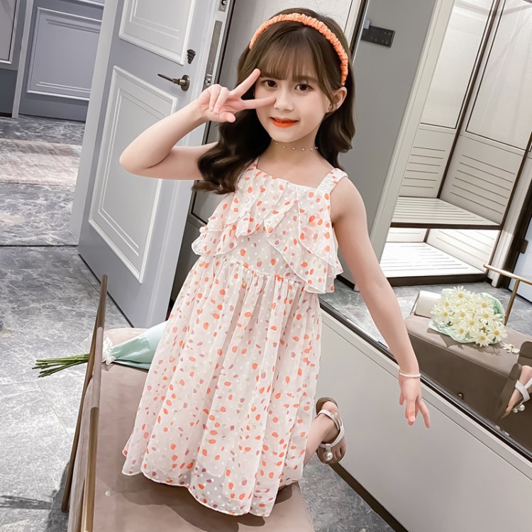 New girls' small dresses, boutique Korean children's clothing, big boys and girls, color dot chiffon dresses, lovely temperament, comfortable, cool and breathable