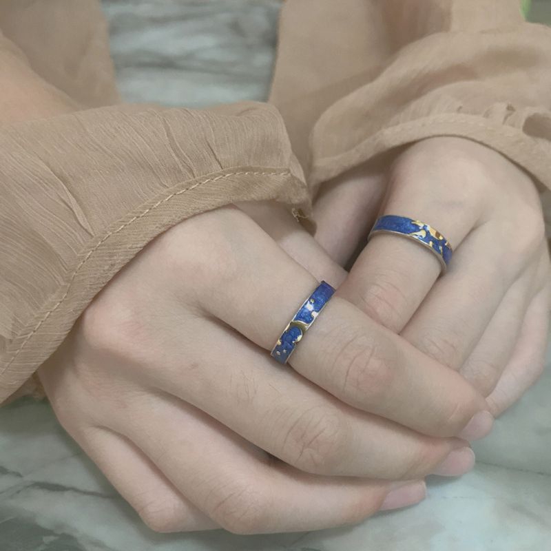 *2Pcs Van Gogh Blue Starry Sky Open Ring Star Moon Always Thinking You Lover Ring