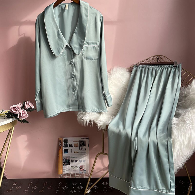 Bộ Đồ Ngủ Lụa Dài Tay Thời Trang Thanh Lịch Cho Nữ