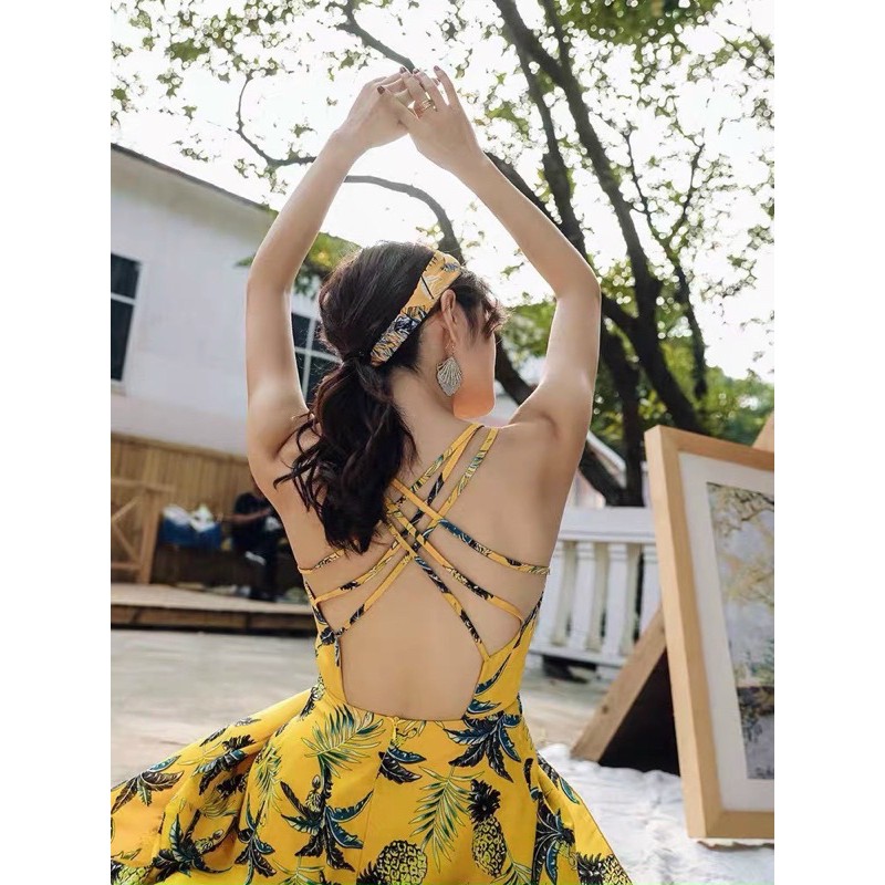 Đầm maxi hoạ tiết trái thơm đan dây lưng siêu xinh