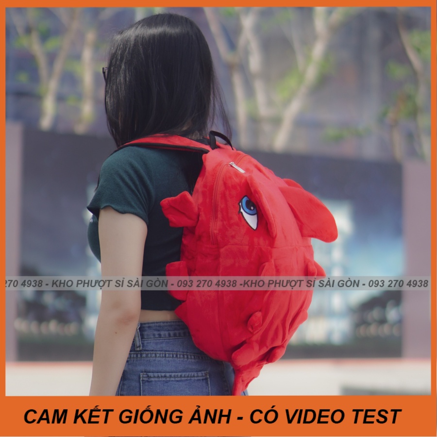 Balo vải Nhung màu đỏ hình mẫu Khủng long có gai cực ngầu - Balo khủng long nhung phượt