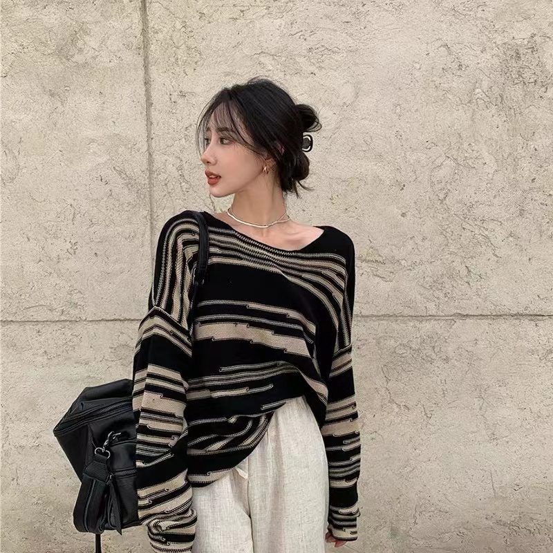 Áo Dệt Kim Tay Dài Dáng Rộng Kẻ Sọc Ngựa Vằn Thời Trang 2022 Cho Nữ