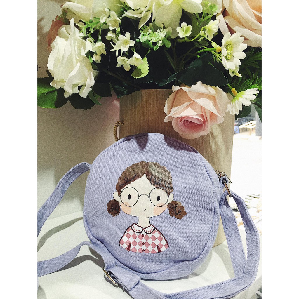 Túi Canvas Đeo Chéo Nữ Đi Chơi, Du Lịch ERASHOP SP073867 - Hình Tròn Cô Gái Đáng Yêu, Đơn Giản, Rẻ Đẹp