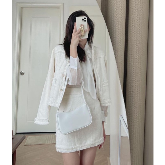 Set dạ tweed kim tuyến đỏ, trắng, đen 2 món