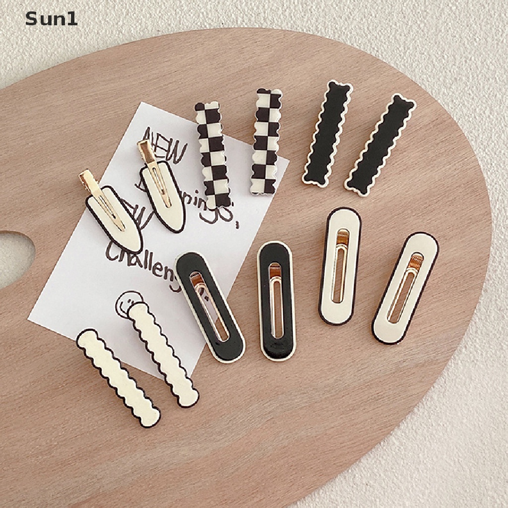 Set 2 / 4 Kẹp Tóc Kim Loại Họa Tiết Hình Học Trắng Đen Thanh Lịch Cho Nữ