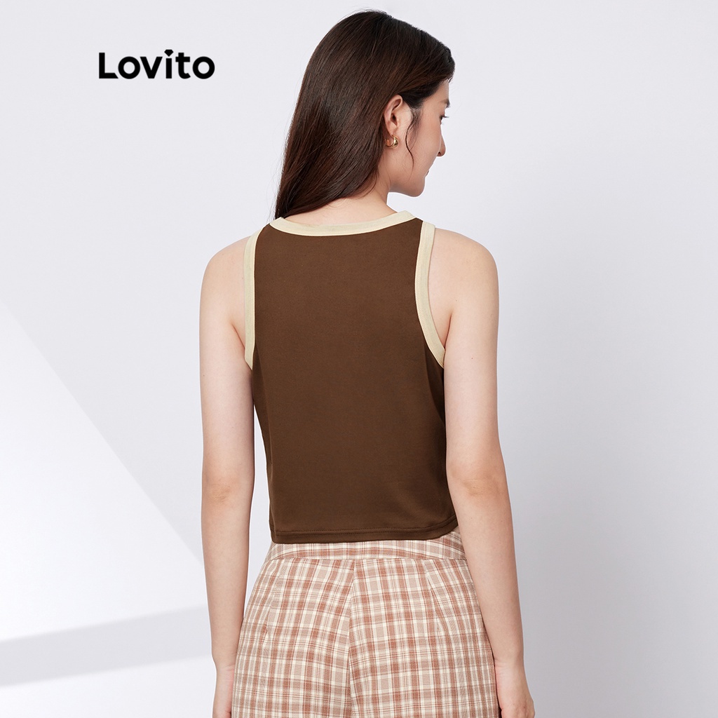 Áo sát nách Lovito kiểu nhún phối viền tương phản cổ trò không tay màu trơn phong cách thường ngày L29ED001 (màu cà phê)