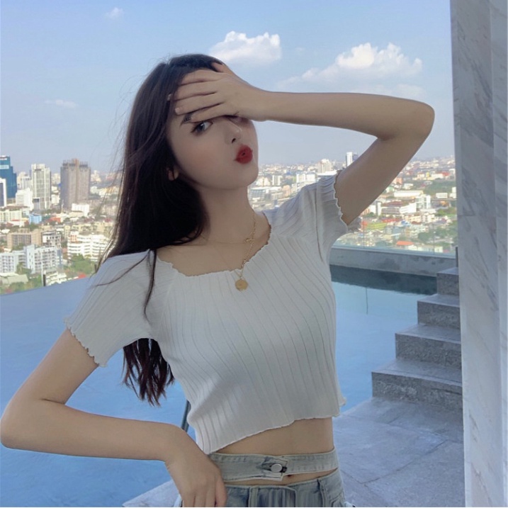 Áo dệt kim Croptop Kiểu Dệt Kim Ngắn Tay LUHAZO Ulzzang Sexy Phong Cách Hàn Quốc Xiaozhainv vn K4T3-1
