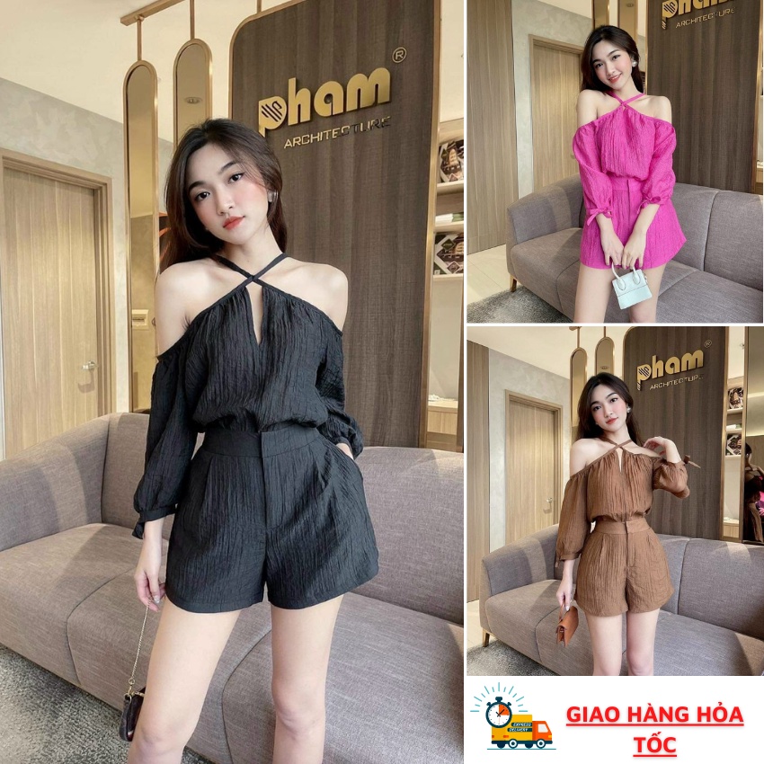 Set bộ áo cổ yếm đan dây cổ ( có mút ngực ) kèm quần