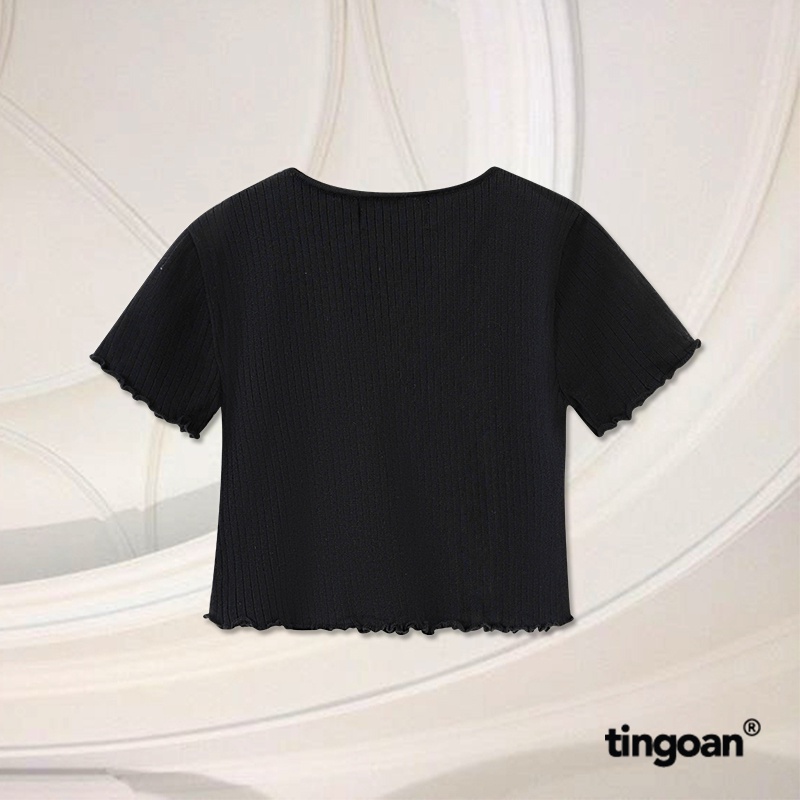 TINGOAN® - Áo set len xù mỏng ngắn tay dáng lửng tặng kèm quây 2 dây đen tingoan SORA TOP/BL