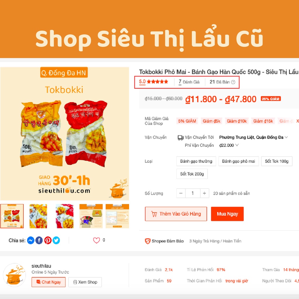 Tokbokki Phô Mai - Bánh Gạo Hàn Quốc 500g - Siêu Thị Lẩu &amp; Đồ Nướng