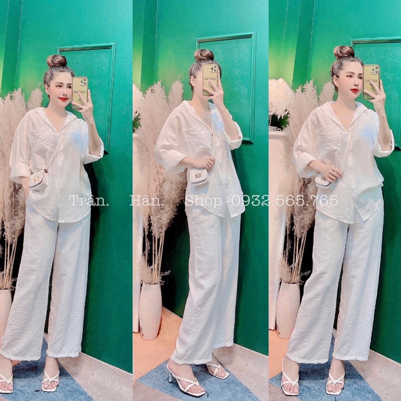 SET áo sơ mi quần ống rộng vải đũi màu trắng